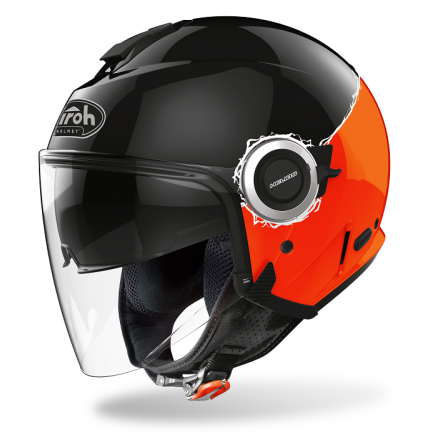 Casco jet moto Airoh Helios fluo nero arancione black orange gloss visiera lunga e visierino da sole  helmet casque