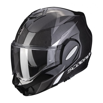 Casco modulare carbonio Scorpion Exo-tech Carbon Top nero bianco black white reversibile moto flip up helmet casque