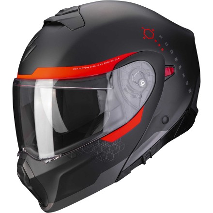 Casco modulare moto Scorpion Exo-930 Shot nero opaco rosso black mat red flip up helmet casque