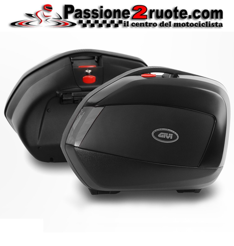 Side Bag Coppia di valigie laterali V35 NT Tech nere goffrate con cover nera e catadiottri trasparenti