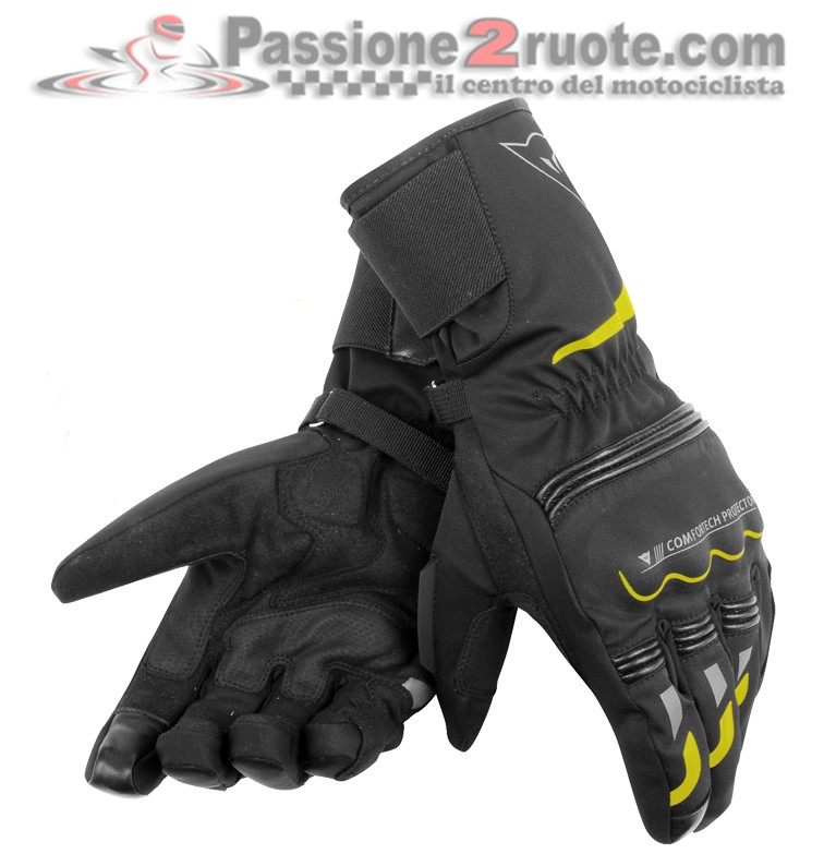 Guanti lunghi moto invernali impermeabili Dainese Tempest D-dry long black yellow waterproof winter gloves