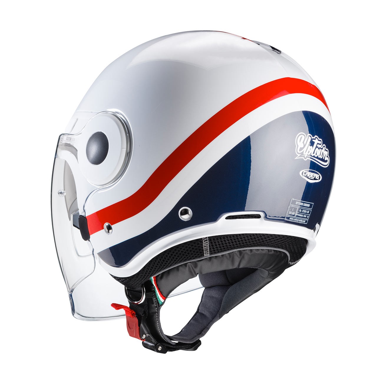 Casco jet moto scooter visiera lunga e occhiale parasole Caberg Uptown Chrone bianco rosso blu white red blue helmet casque