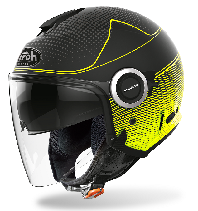 Casco jet moto Airoh Helios Map nero giallo opaco yellow matt visiera lunga e visierino da sole  helmet casque