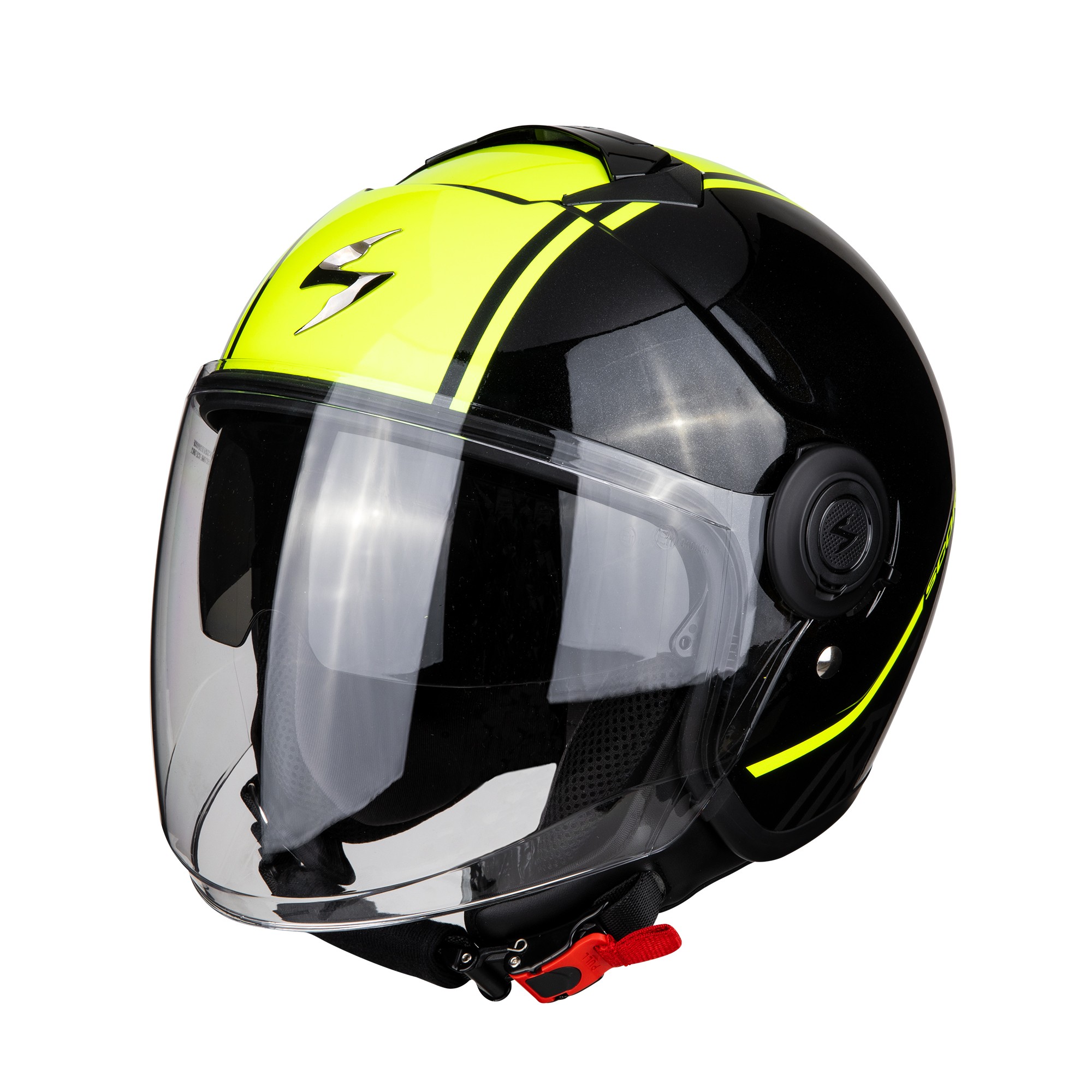 Casco jet con visierino parasole interno Scorpion Exo city Avenue nero giallo metallic black neon yellow helmet casque