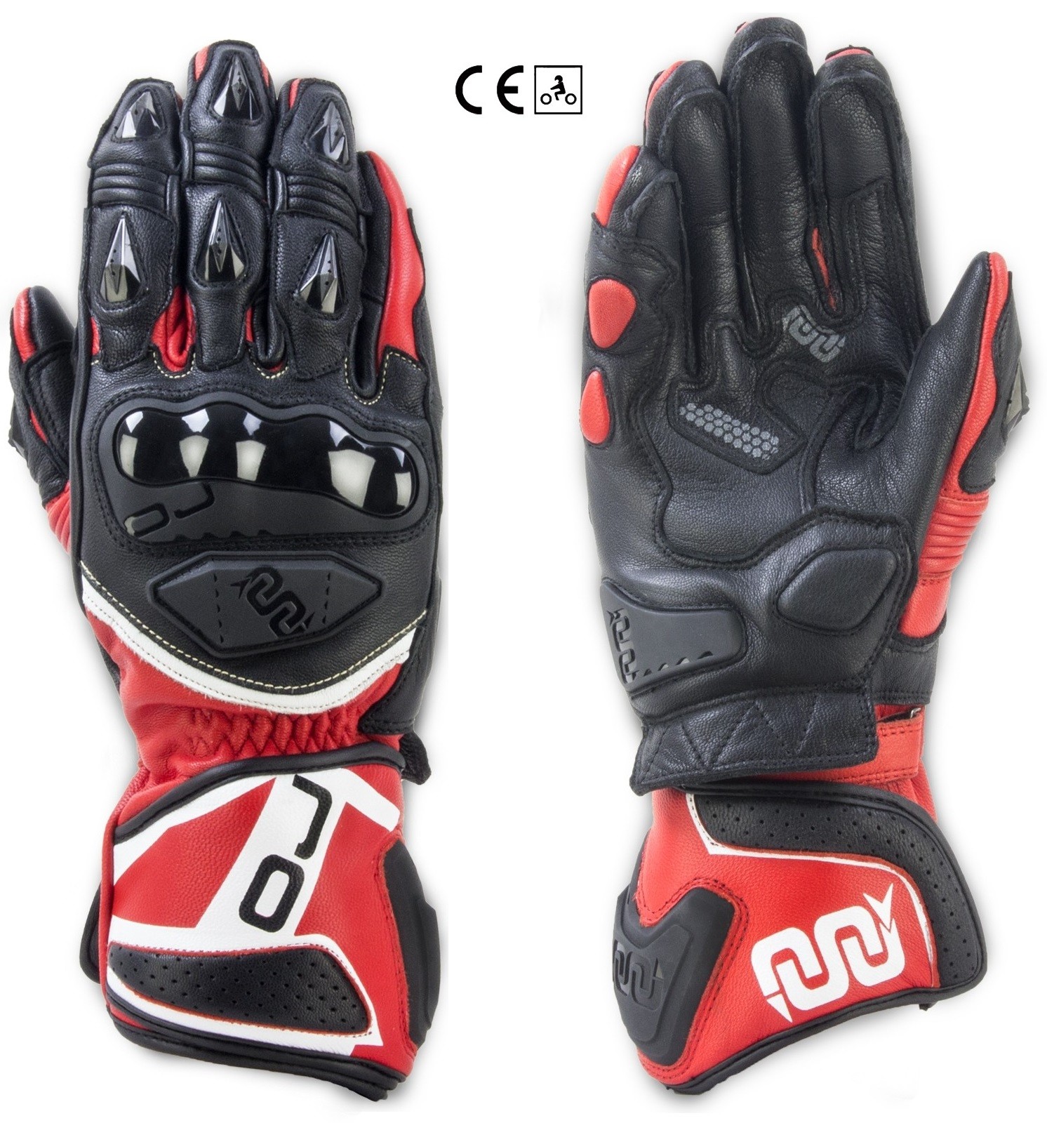 Guanti lunghi pelle moto racing pista Oj Feat nero rosso black red long leather gloves