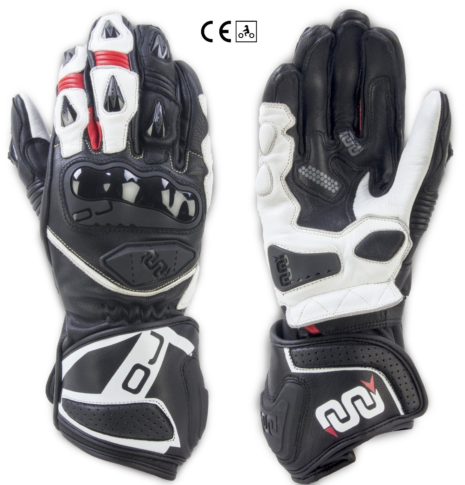 Guanti lunghi pelle moto racing pista Oj Feat nero bianco rosso black white red long leather gloves