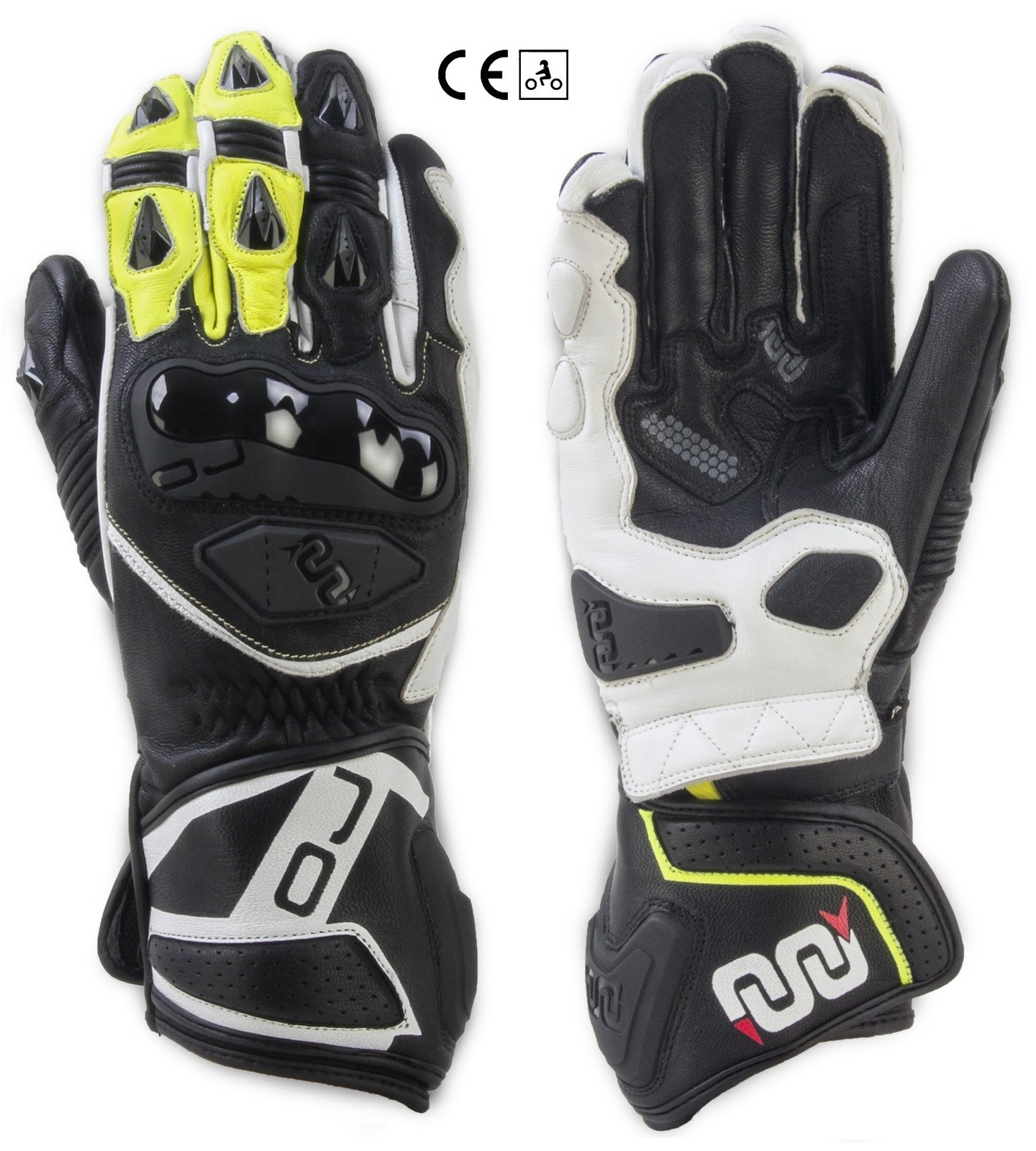 Guanti lunghi pelle moto racing pista Oj Feat nero bianco giallo black white yellow long leather gloves