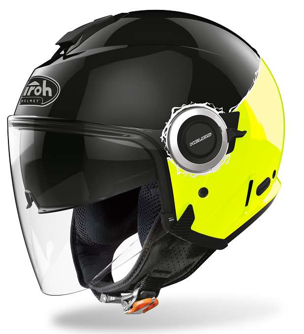 Casco jet moto visiera lunga e visierino da sole Airoh Helios fluo nero giallo black yellow gloss helmet casque