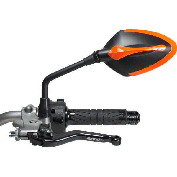 Coppia Specchietti omlogati moto universali attacco a manubrio 10mm mirrors Chaft Story nero arancione black orange IN543