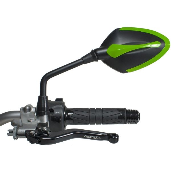 Coppia Specchietti omlogati moto universali attacco a manubrio 10mm mirrors Chaft Story nero verde black green IN540