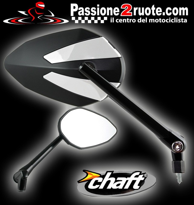 Coppia Specchietti omlogati moto universali attacco a manubrio 10mm mirrors Chaft Crusty nero bianco black white IN425