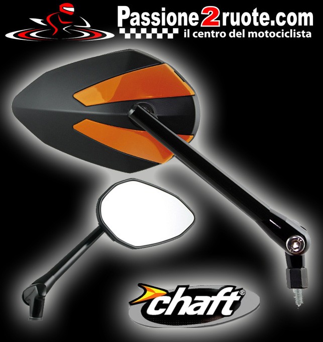 Coppia Specchietti omlogati moto universali attacco a manubrio 10mm mirrors Chaft Crusty nero arancione black orange IN425