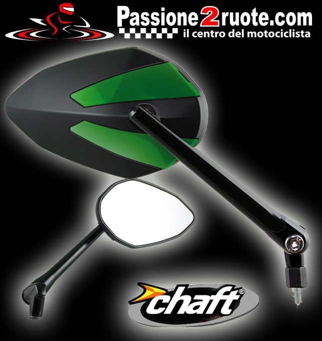 Coppia Specchietti omlogati moto universali attacco a manubrio 10mm mirrors Chaft Crusty nero verde black green IN425