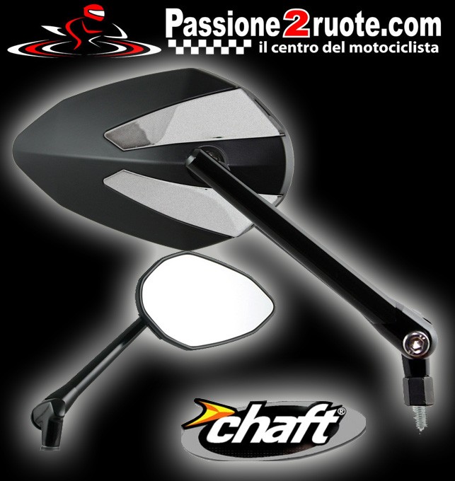 Coppia Specchietti omlogati moto universali attacco a manubrio 10mm mirrors Chaft Crusty nero argento black silver IN425