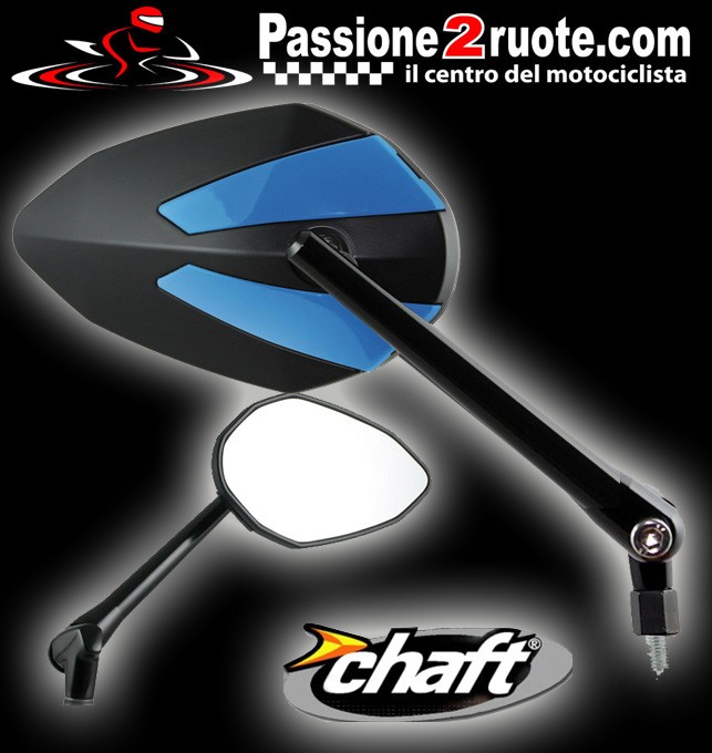 Coppia Specchietti omlogati moto universali attacco a manubrio 10mm mirrors Chaft Crusty nero blu black blue IN425