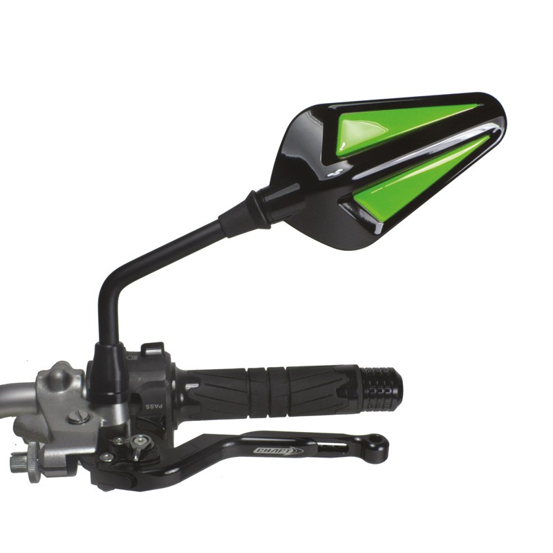 Coppia Specchietti omlogati moto universali attacco a manubrio 10mm mirrors Chaft Blondy nero verde black green IN126