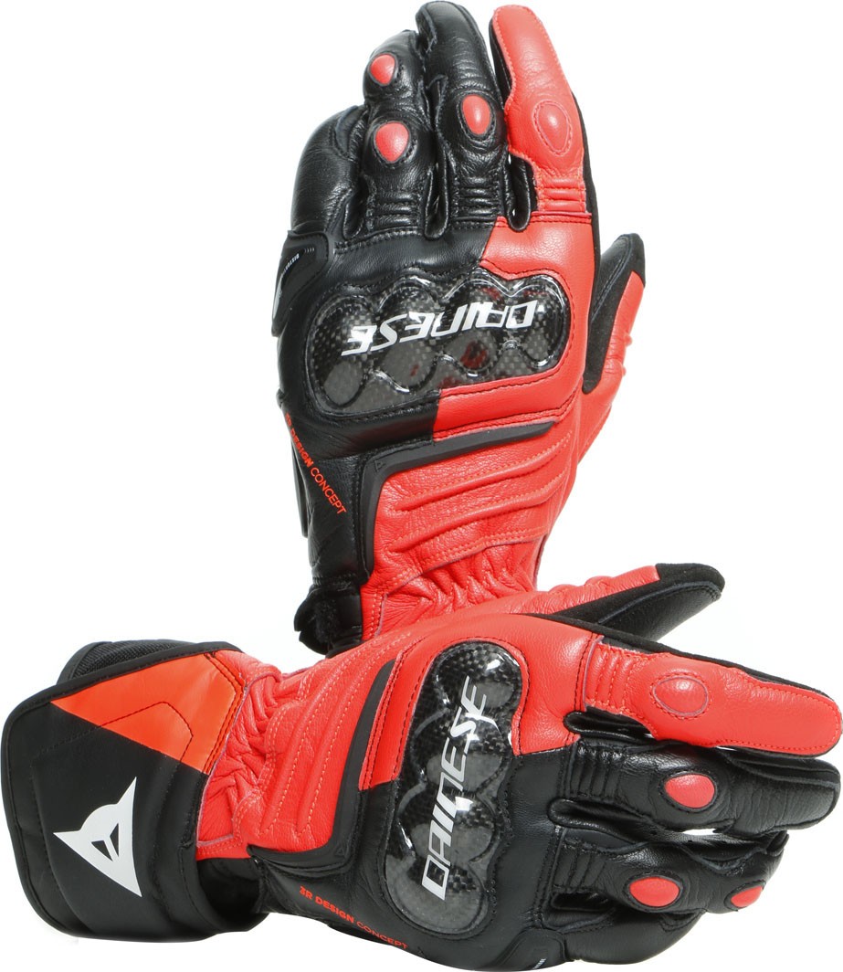 Guanti pelle lunghi moto racing pista corsa Dainese Carbon 3 Long nero rosso bianco Black red fluo white leather gloves