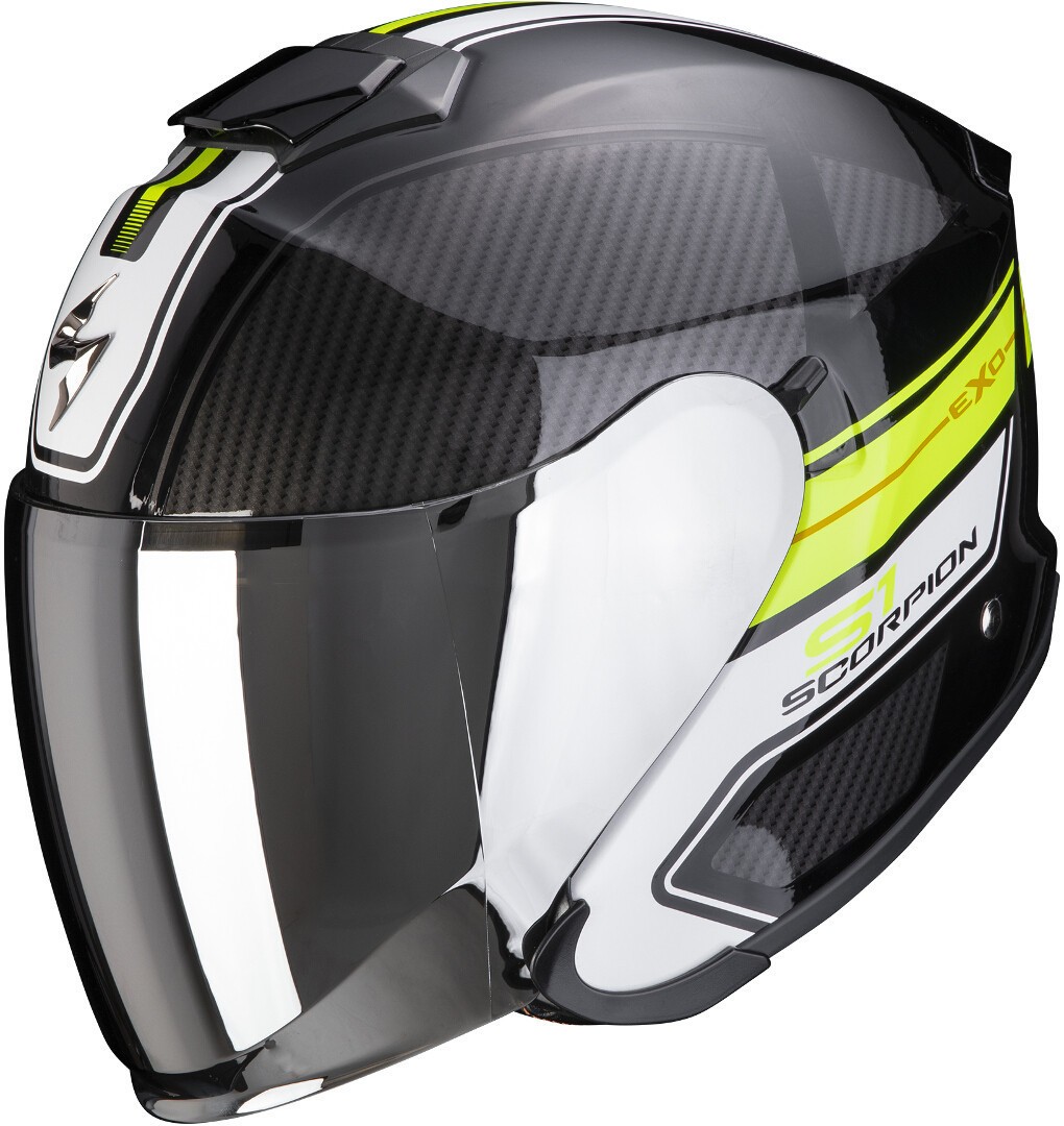 Casco jet fibra visiera lunga Scorpion Exo S1 Cross-Ville nero bianco giallo black white yellow fiber helmet casque