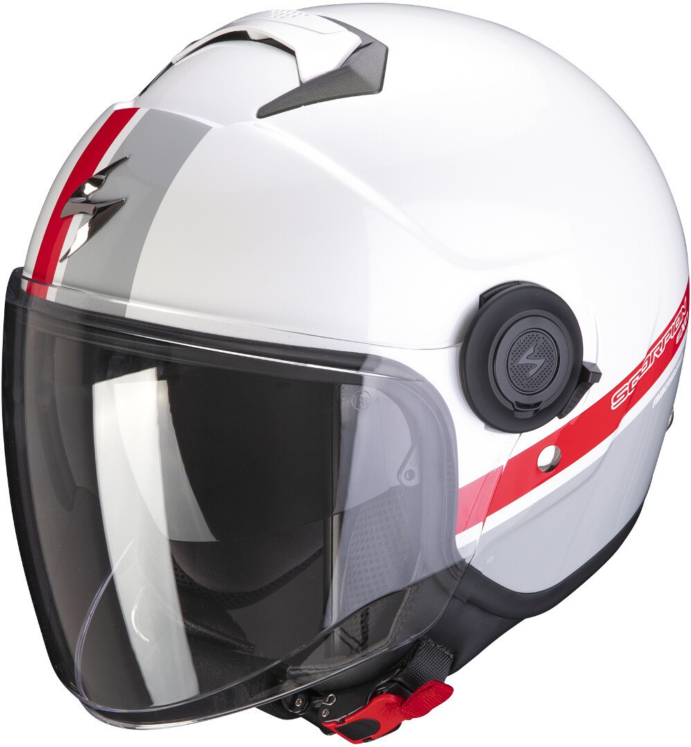 Casco jet con visierino parasole interno Scorpion Exo city Strada bianco rosso argento white silver red helmet casque