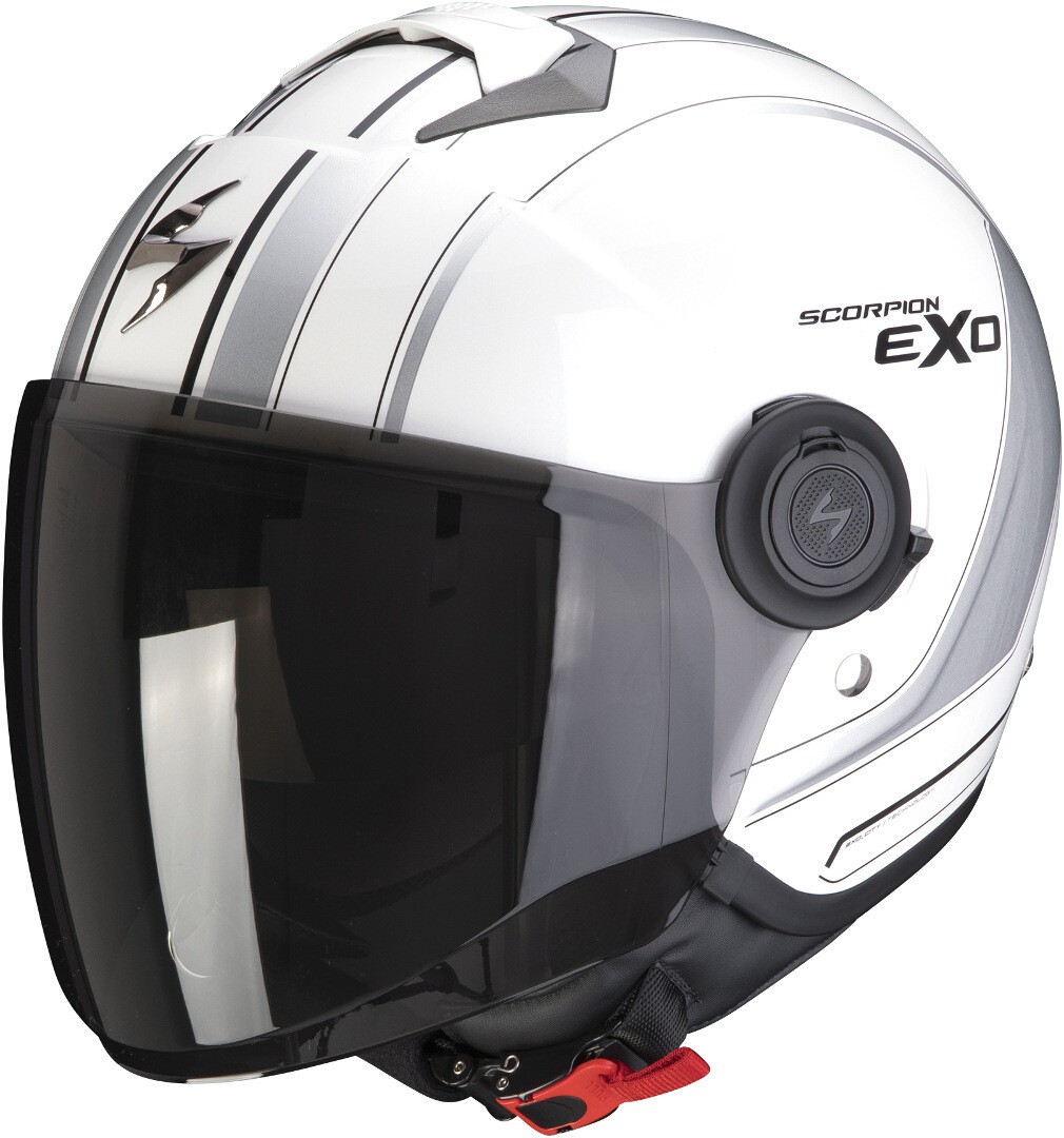 Casco jet con visierino parasole interno Scorpion Exo city Scoot bianco argento white silver helmet casque