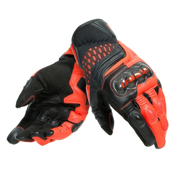 Guanti pelle corti moto Dainese Carbon 3 short nero rosso Black fluo red leather gloves
