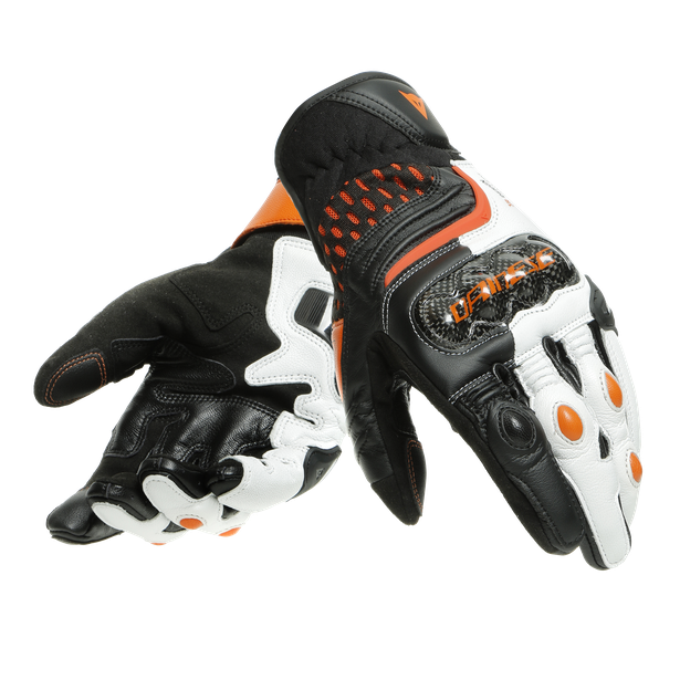 Guanti pelle corti moto Dainese Carbon 3 short nero bianco arancione Black white flame-orange leather gloves
