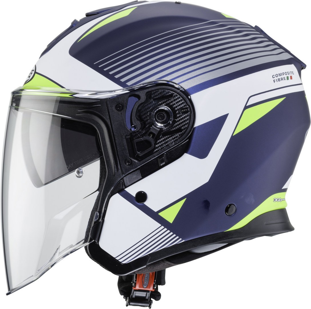Casco fibra jet moto Caberg Flyon Rio blu opaco bianco giallo blue matt white yellow helmet casque