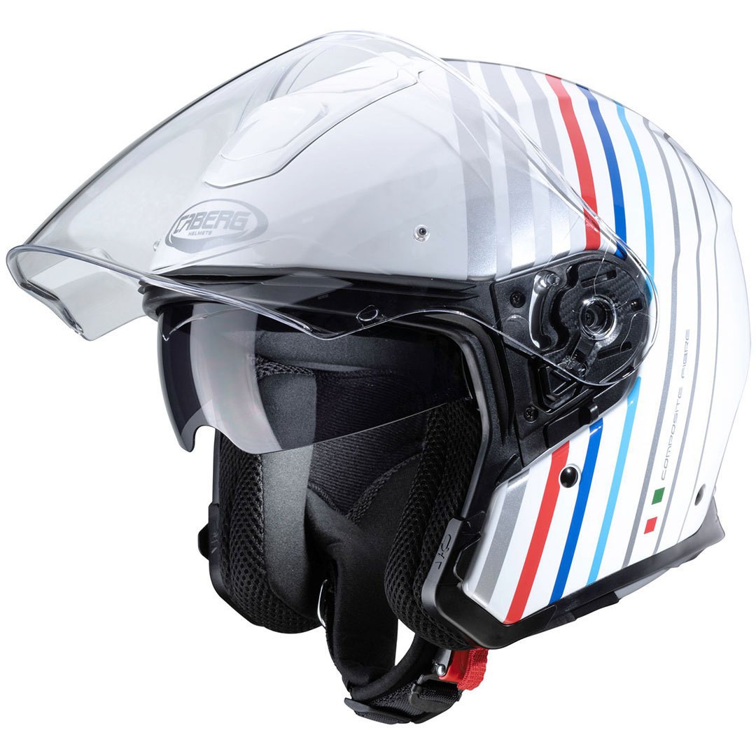 Casco fibra jet moto Caberg Flyon Bakari bianco ross blu white red helmet casque