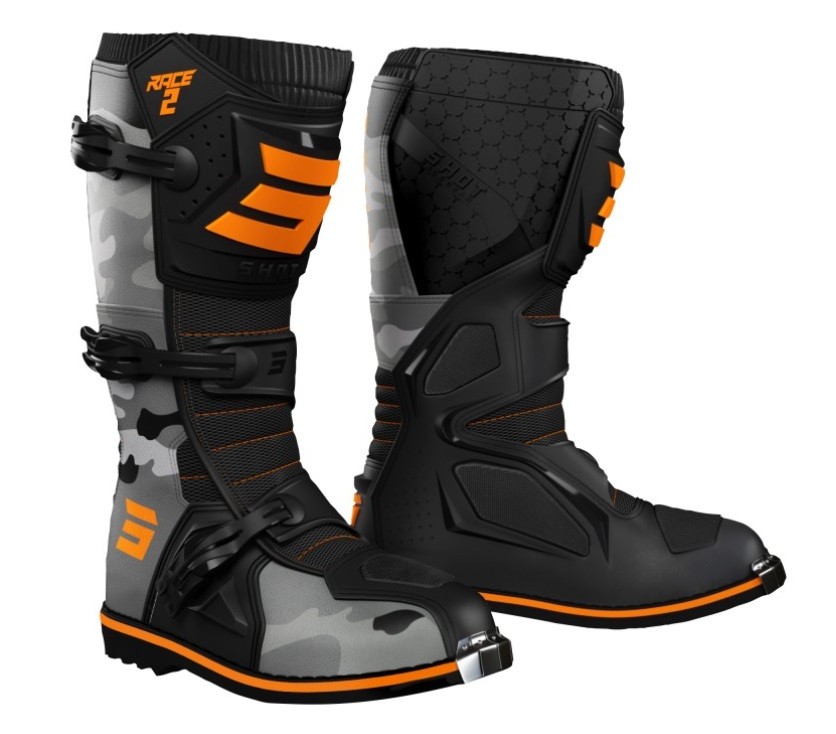 Stivali moto cross Shot Race 2 camo orange arancione enduro motard off road boots bottes