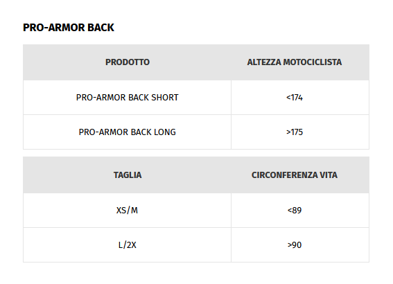 Paraschiena Dainese Pro-Armor Back short protector misure