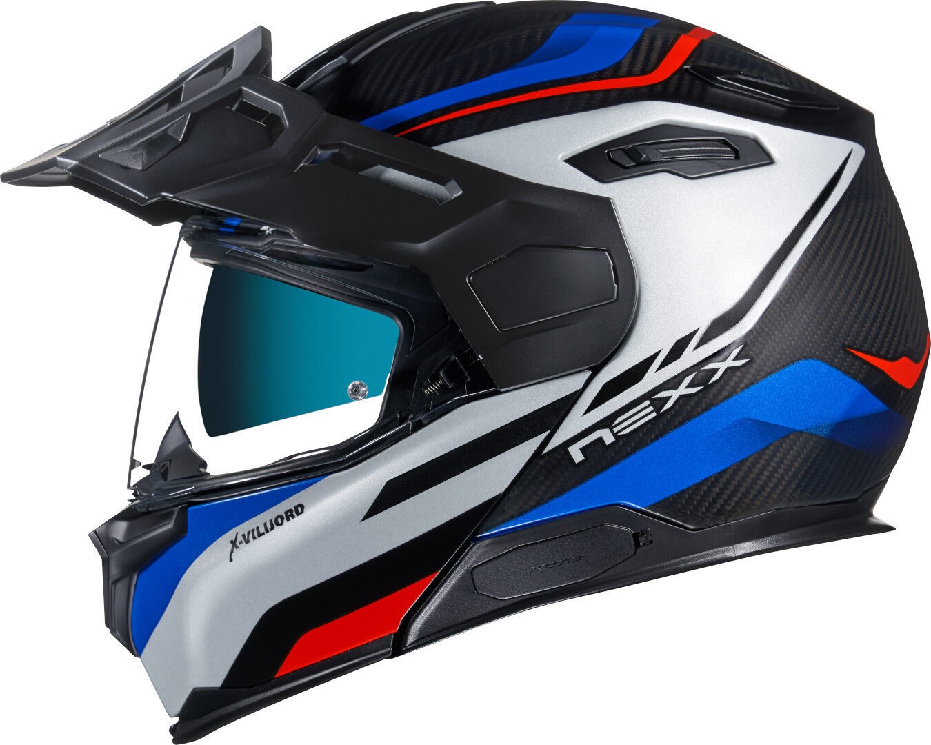 Casco modulare fibra moto Nexx X.VILIJORD Hiker bianco rosso blu white red fiber flip-up helmet casque