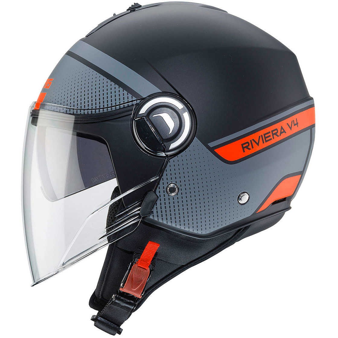 Casco jet Caberg Riviera V4 Elite nero opaco arancione black matt orange helmet casque