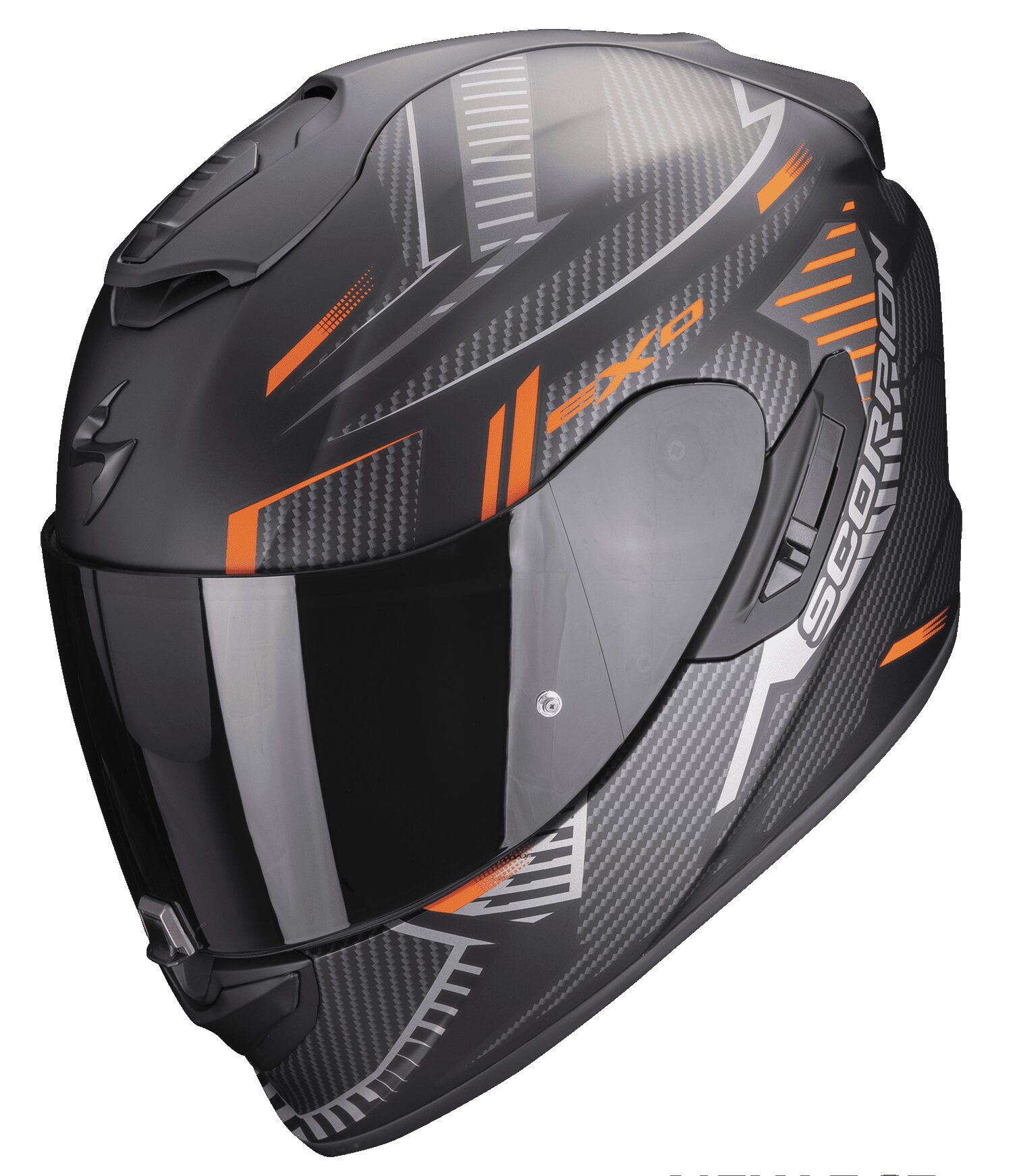 Casco integrale fibra moto Scorpion Exo 1400 EVO SHELL nero opaco arancione black matt orange helmet casque