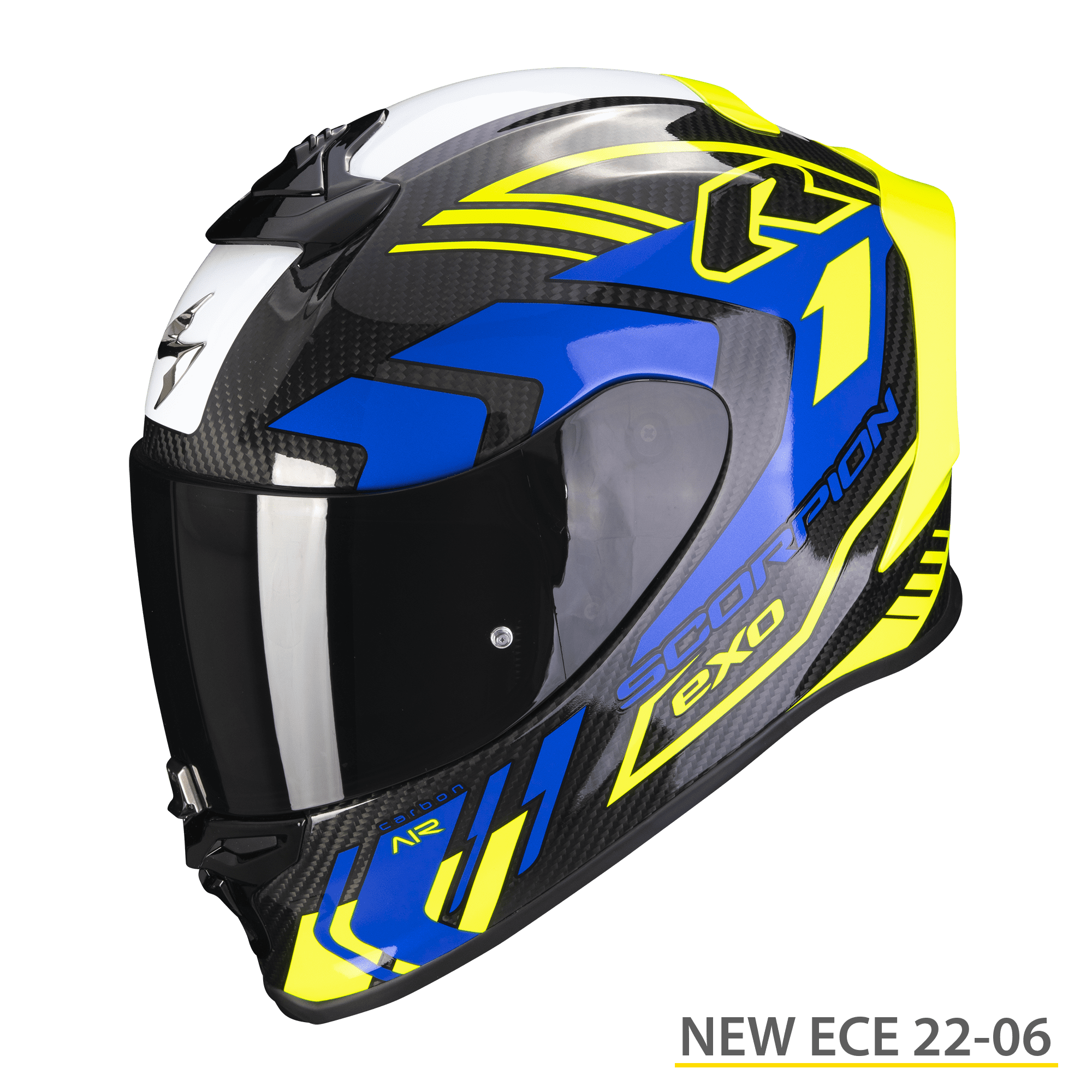 Casco integrale moto fibra carbonio Scorpion Exo R1 EVO Carbon air Supra giallo blu yellow helmet casque