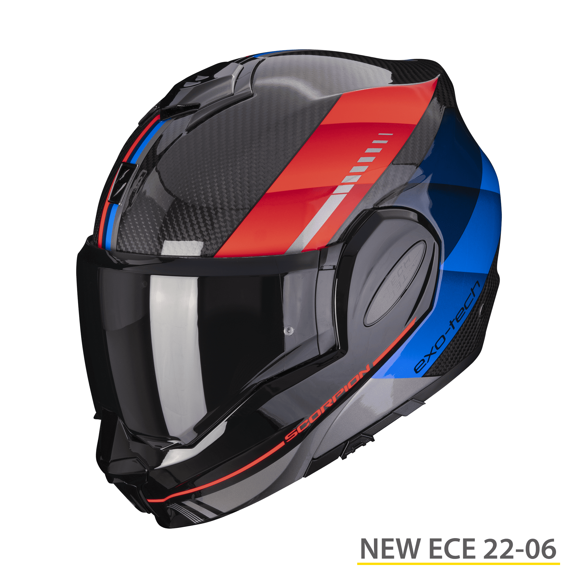 Casco modulare Scorpion EXO-TECH EVO carbon genus rosso blu red reversibile doppia omolazione flip back helmet casque