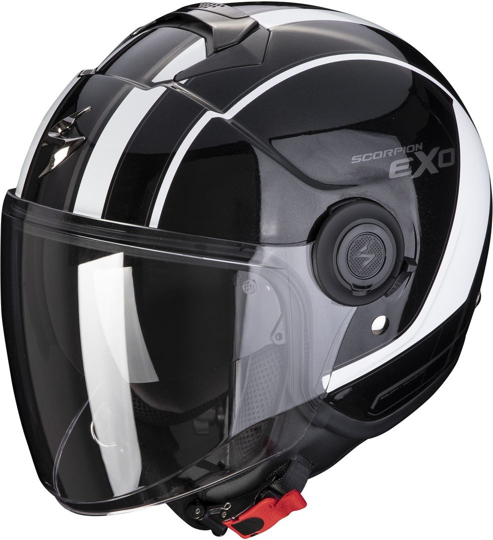 Casco jet con visierino parasole interno Scorpion Exo city Scoot nero bianco black white helmet casque