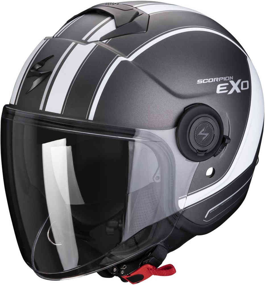 Casco jet con visierino parasole interno Scorpion Exo city Scoot grigio opaco bianco silver matt white helmet casque