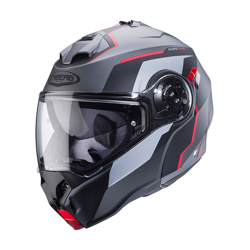 Casco modulare apribile moto Caberg Duke EVO MOVE gunmetal rosso red flip-up helmet casque