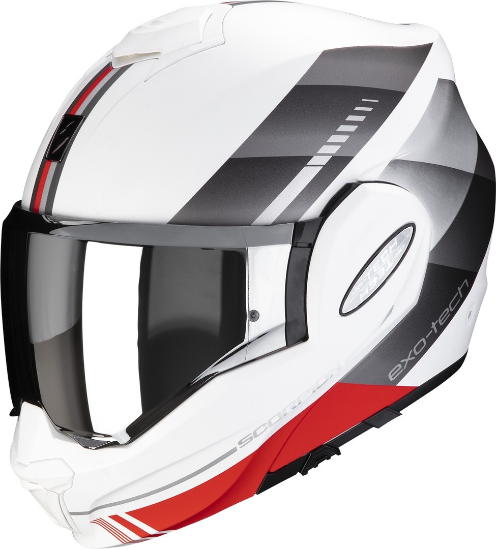 Casco modulare Scorpion EXO-TECH EVO GENRE MATT WHITE SILVER RED reversibile doppia omolazione flip up helmet casque