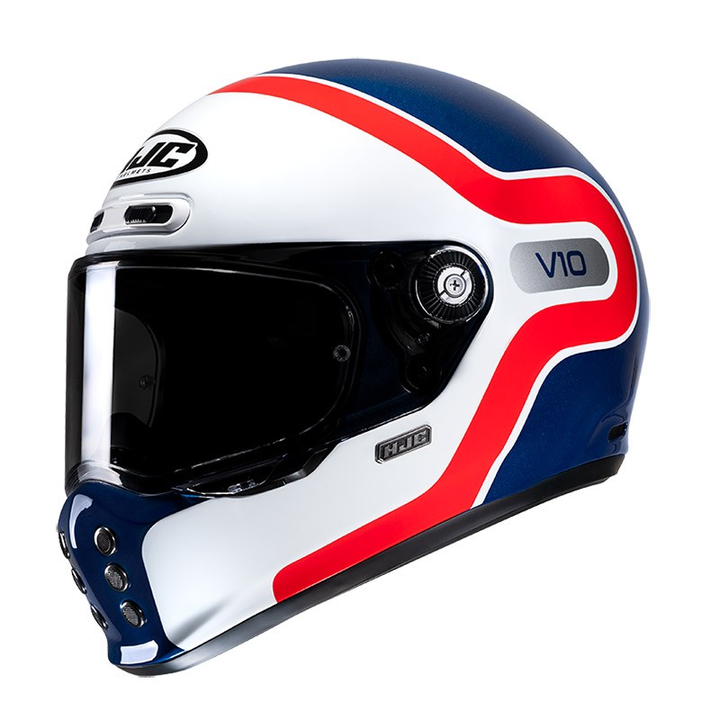 Casco integrale fibra vintage Hjc V10 GRAPE MC21 bianco rosso blu white red naked scrambler fiber Helmet casque