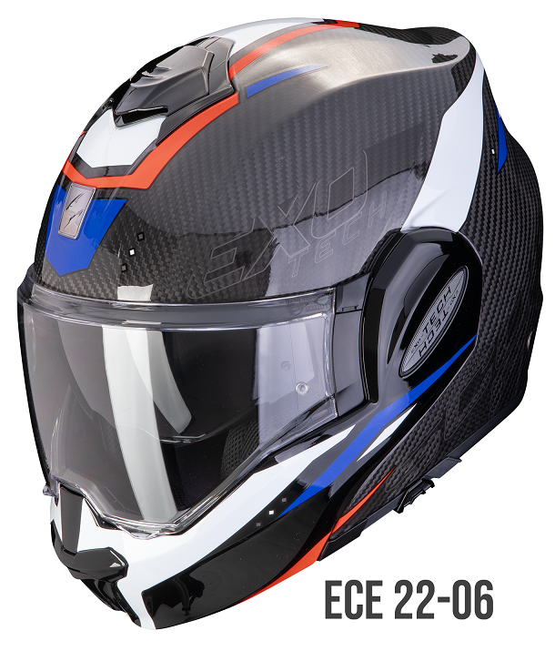 Casco Scorpion EXO-TECH EVO carbon ROVER BIANCO ROSSO BLU RED WHITE reversibile flip back helmet casque