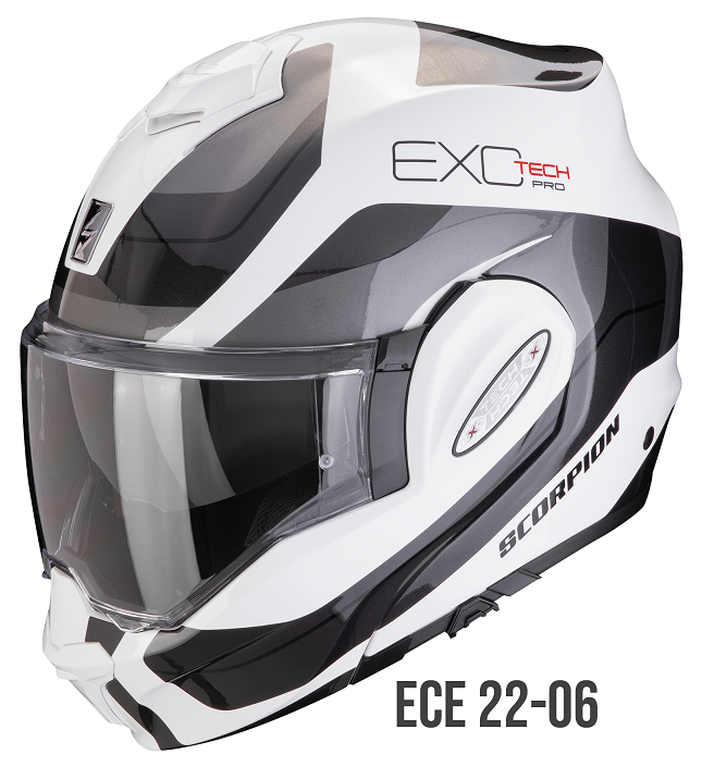 Casco modulare Scorpion EXO-TECH EVO PRO COMMUTA BIANCO ARGENTO WHITE SILVER reversibile flip back helmet casque