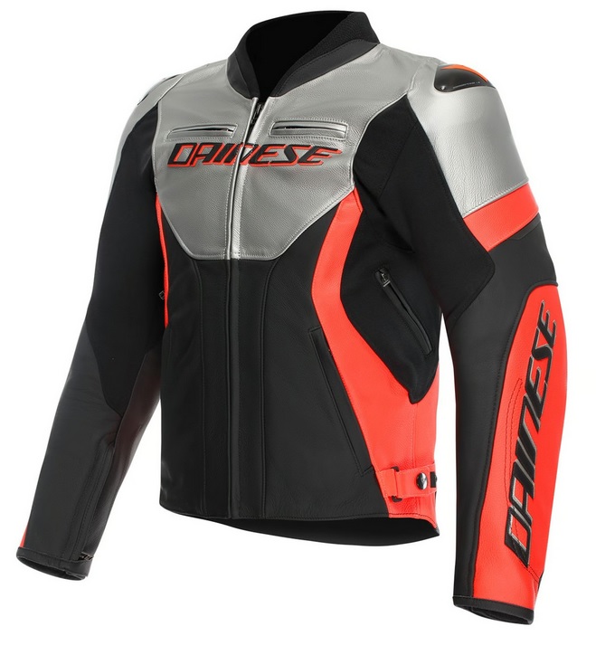 Giacca pelle sportiva moto Dainese RACING 5 Nero argento Rosso black silver fluo red leather jacket
