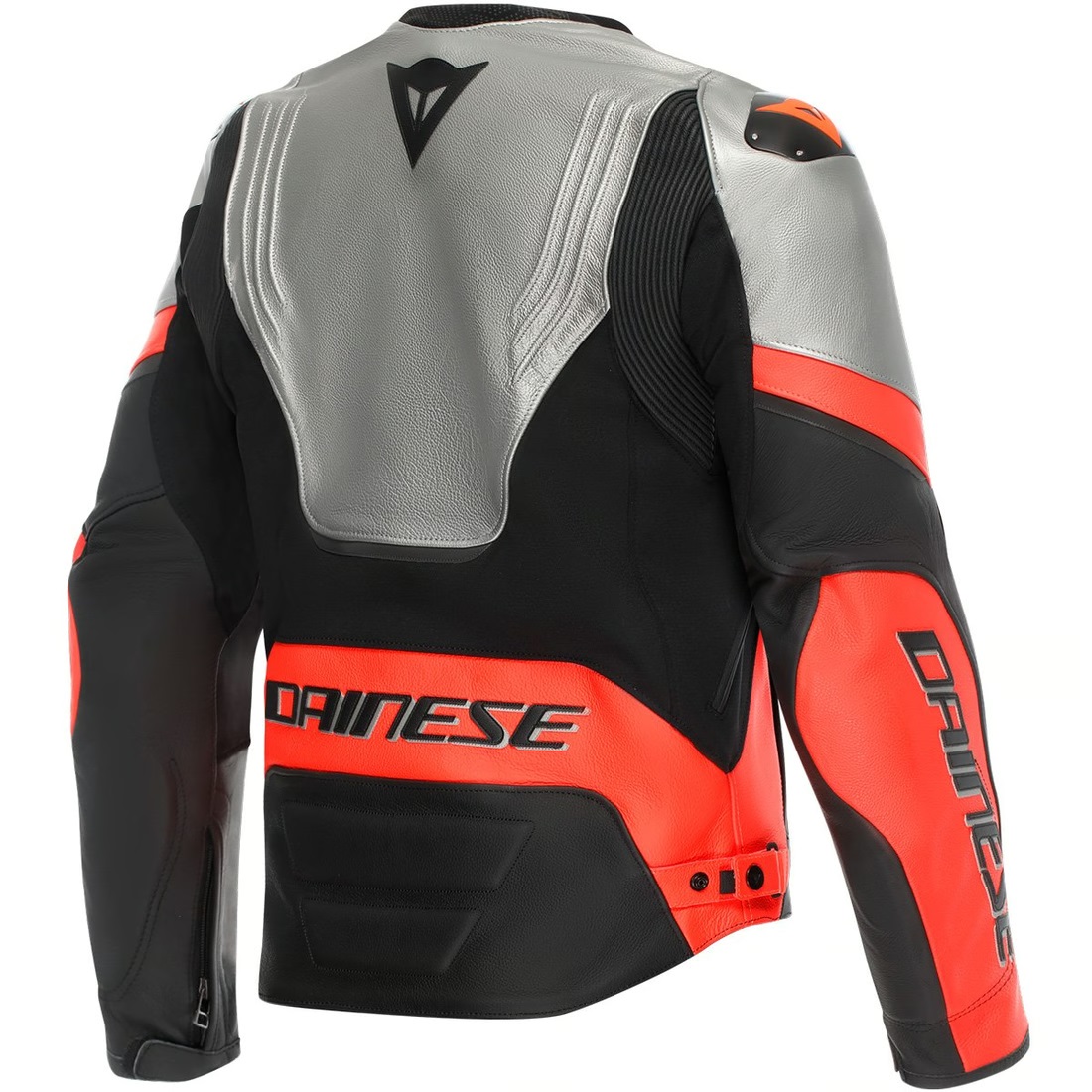 Giacca pelle sportiva moto Dainese RACING 5 Nero argento Rosso black silver fluo red leather jacket