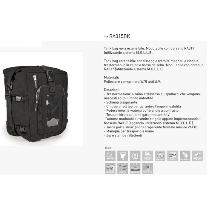 ZAINO Borsa Serbatoio Kappa RA315BK BLACK 20 LITRI TANKBAG BACKPACK