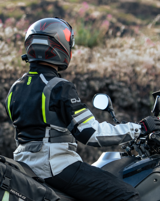Giacca moto adventure touring traforata impermeabile Oj Revenge grigio chiaro nero giallo ice black yellow perforated waterproof Jacket