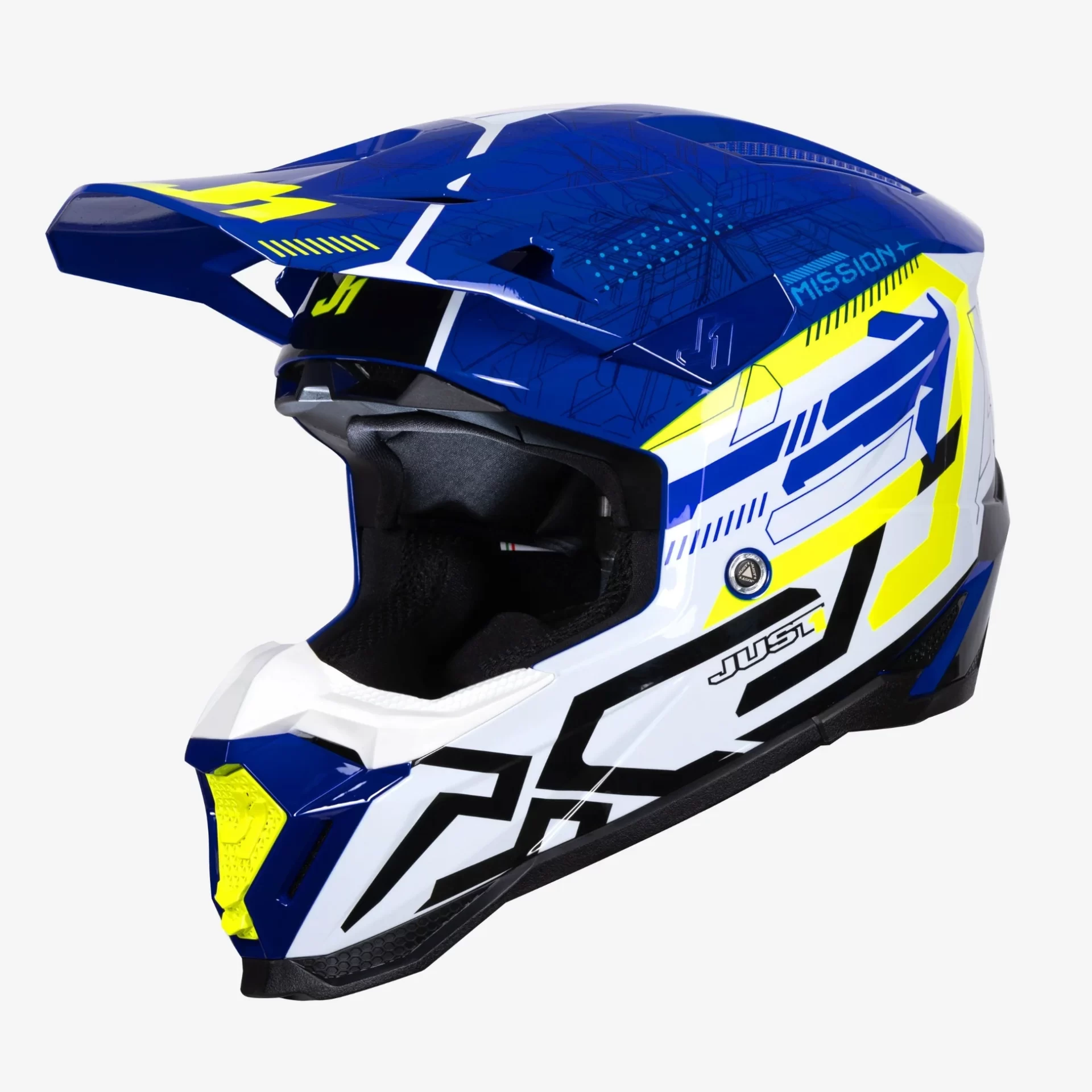 Casco moto cross JUST1 J40 Mission Giallo Fluo Yellow Blu helmet casque enduro off road