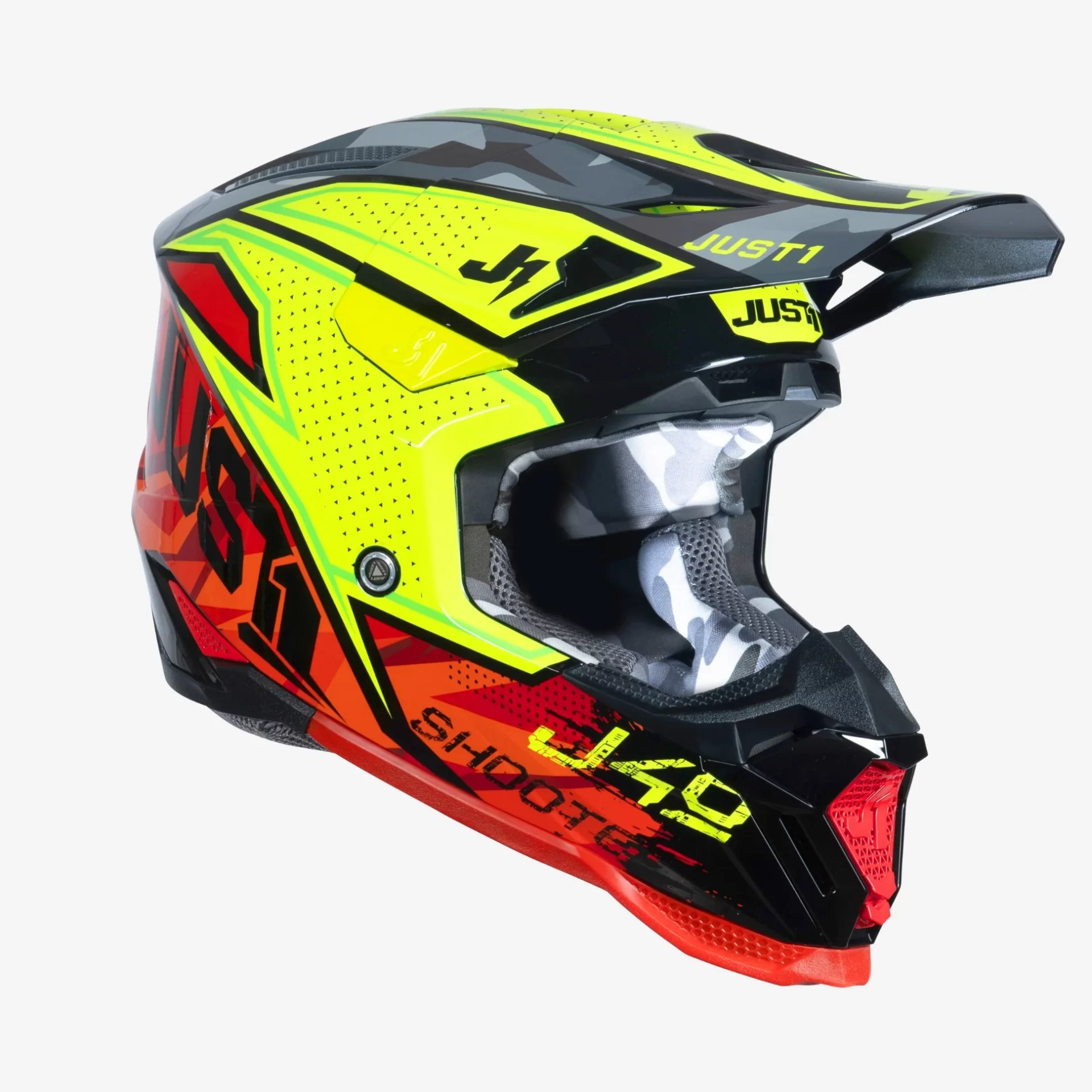 Casco moto cross JUST1 J40 Shooter Rosso Giallo Camo Red Yellow helmet casque enduro off road
